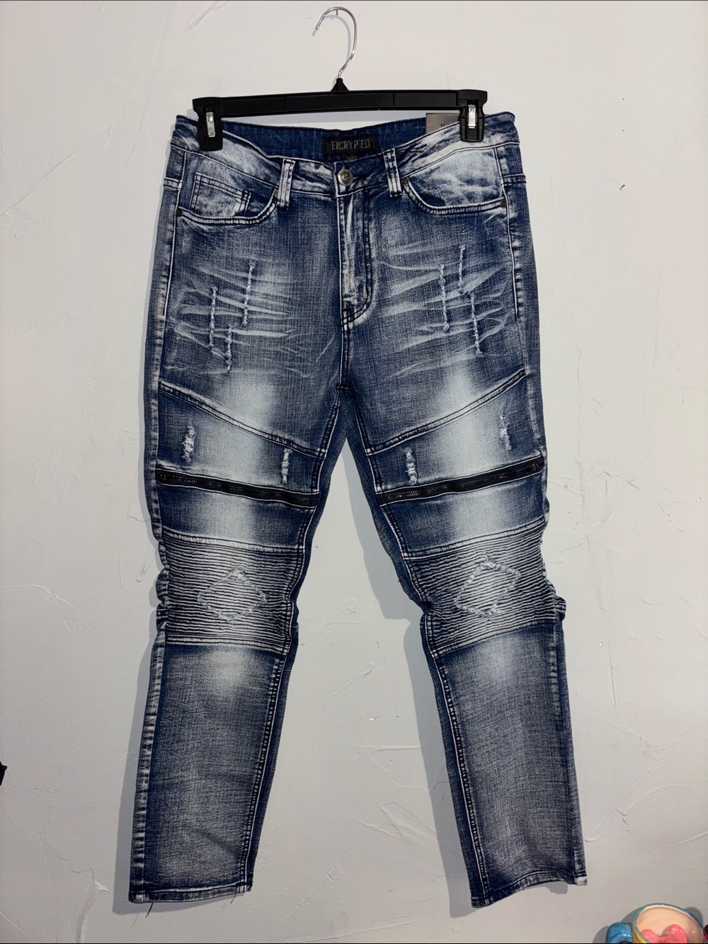 Encrypted Men's Skinny Distressed Blue Biker Jeans